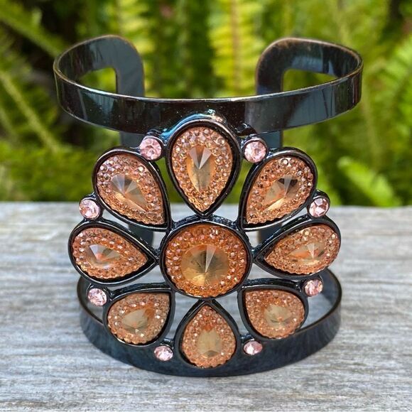 Charming Charlie Bronze/Amber/Pink Rhinestone Adjustable Cuff Bracelet. OS. EUC! - Picture 1 of 4